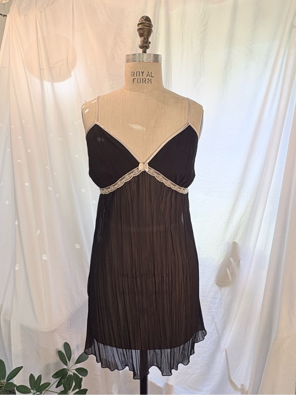 Y2K Romantic Apt. 9 Sheer Black Slip Dress with Cream Lace Trim Satin Tie Size L